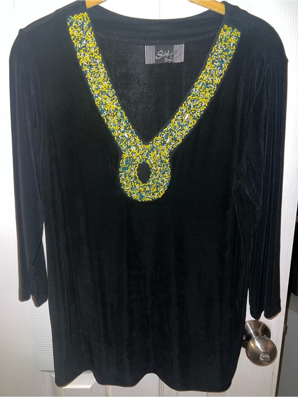 Slinky Brand Black V-Neck Tunic with Yellow-Green Beaded Detail